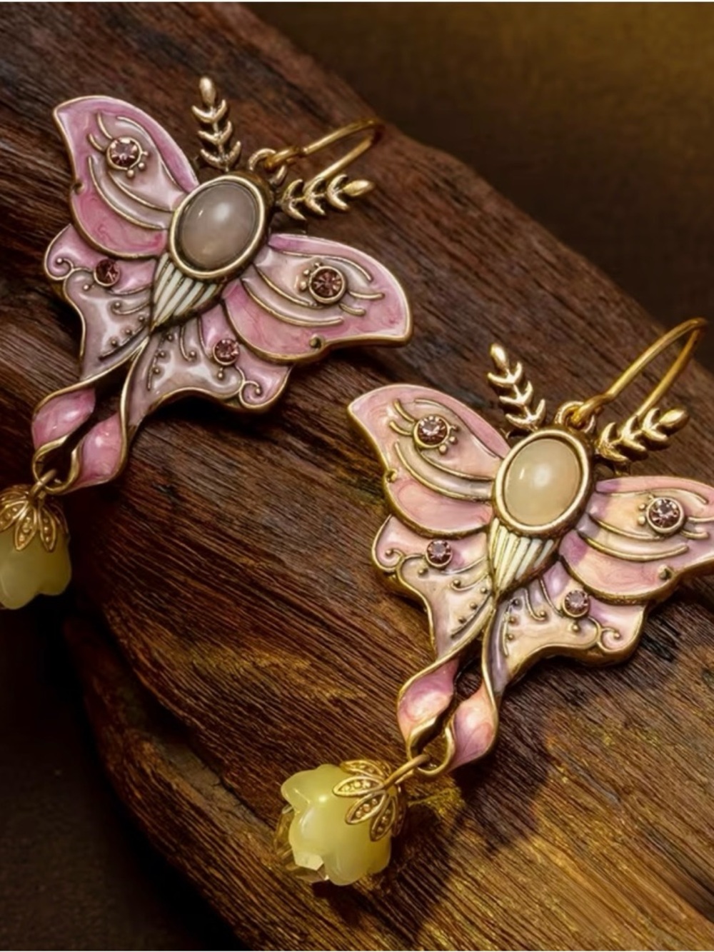 Art Deco Moth Butterfly Drop Earrings Enameled Pink with gem accents
